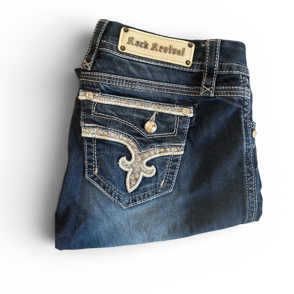 Rock Revival Womens Dark Wash Rhinestone Fleur De Lis Bootcut Jeans Thick Stitch